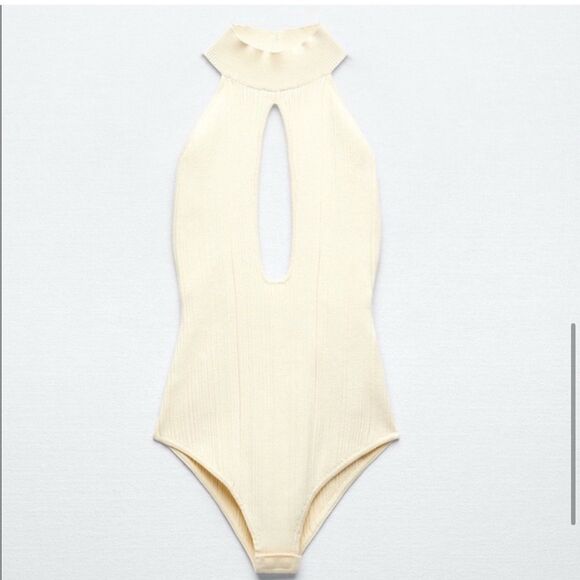 Zara Cream Bodysuit Knit Cut Out Halter Neck Size XL - Picture 6 of 9